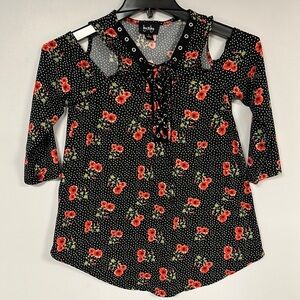 By & By Black floral polka dot,  with Silver Rivet lace up front Detail , S